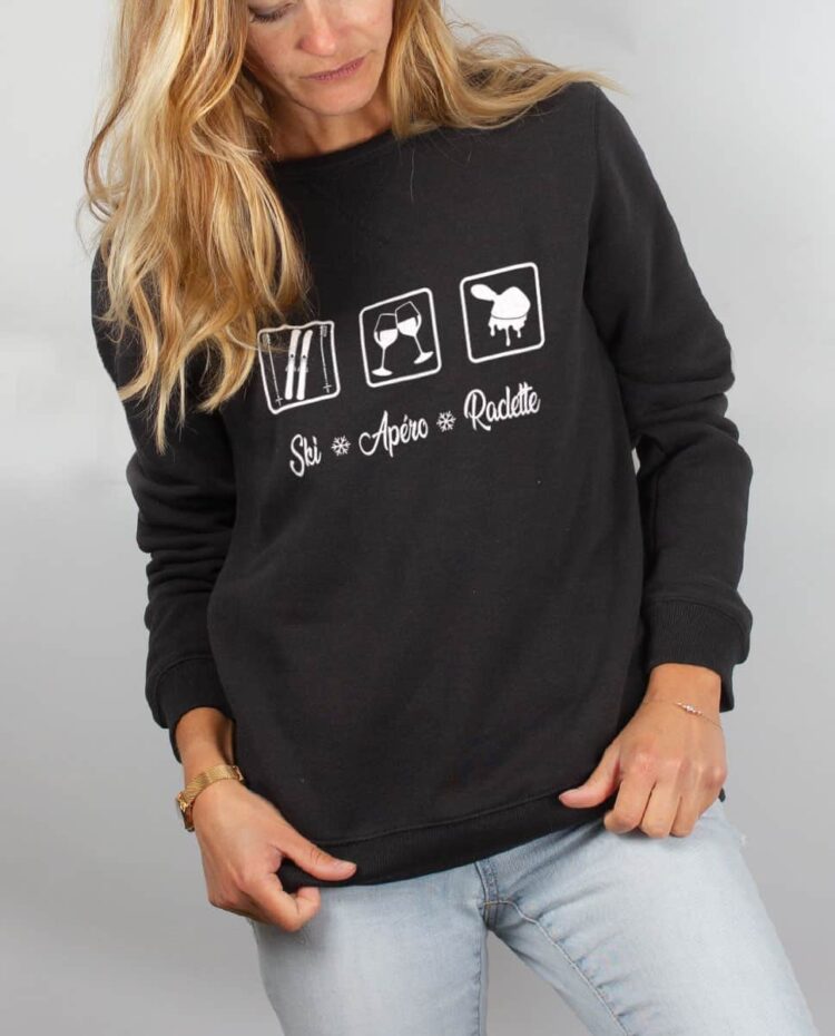 Pull sweat femme noir Ski apero Raclette