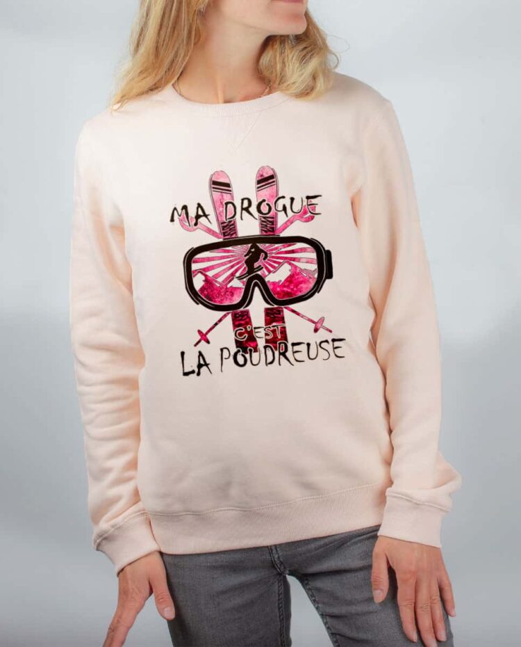 Pull sweat femme rose Ma drogue c est la poudreuse SKI