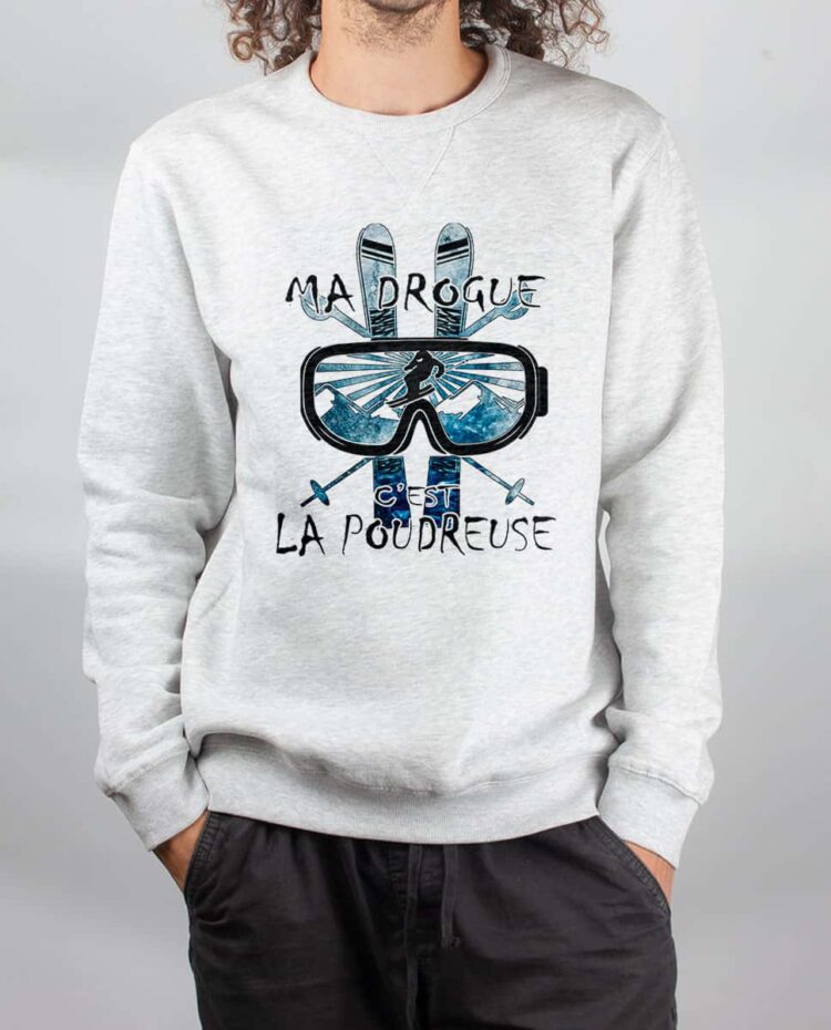 Pull sweat homme blanc Ma drogue c est la poudreuse SKI