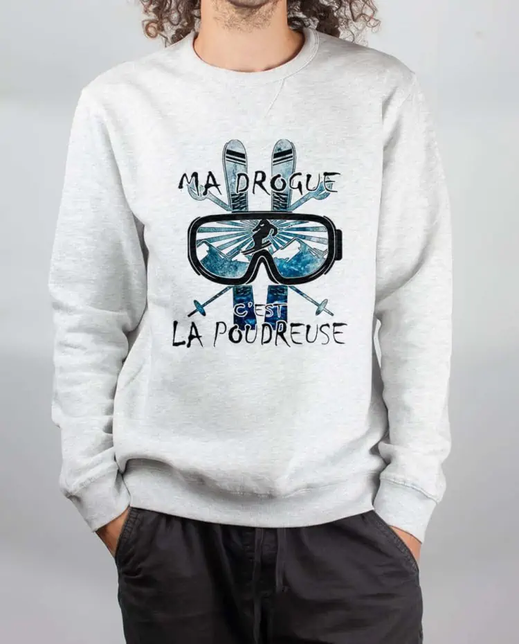 Pull sweat homme blanc Ma drogue c est la poudreuse SKI