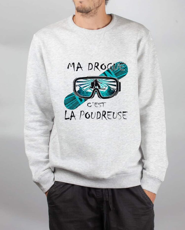 Pull sweat homme blanc Ma drogue c est la poudreuse SNOW