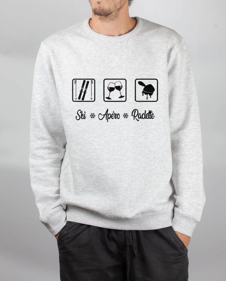 Pull sweat homme blanc Ski apero Raclette