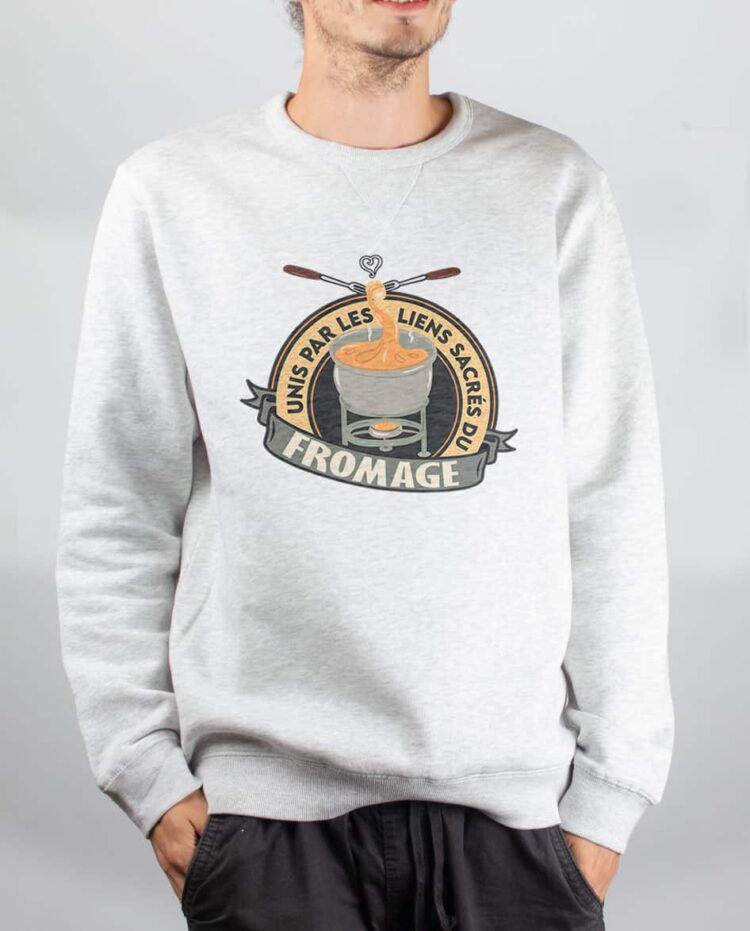 Pull sweat homme blanc UNIS PAR LES LIENS SACRES DU FROMAGE