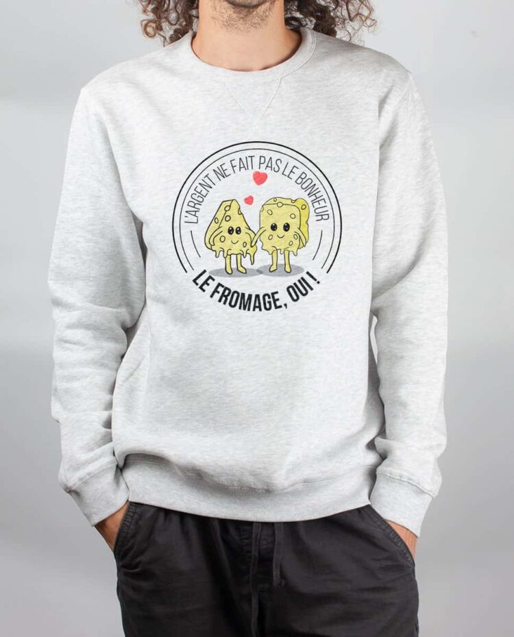 Pull sweat homme blanc argent ne fait pas le bonheur le fromage oui