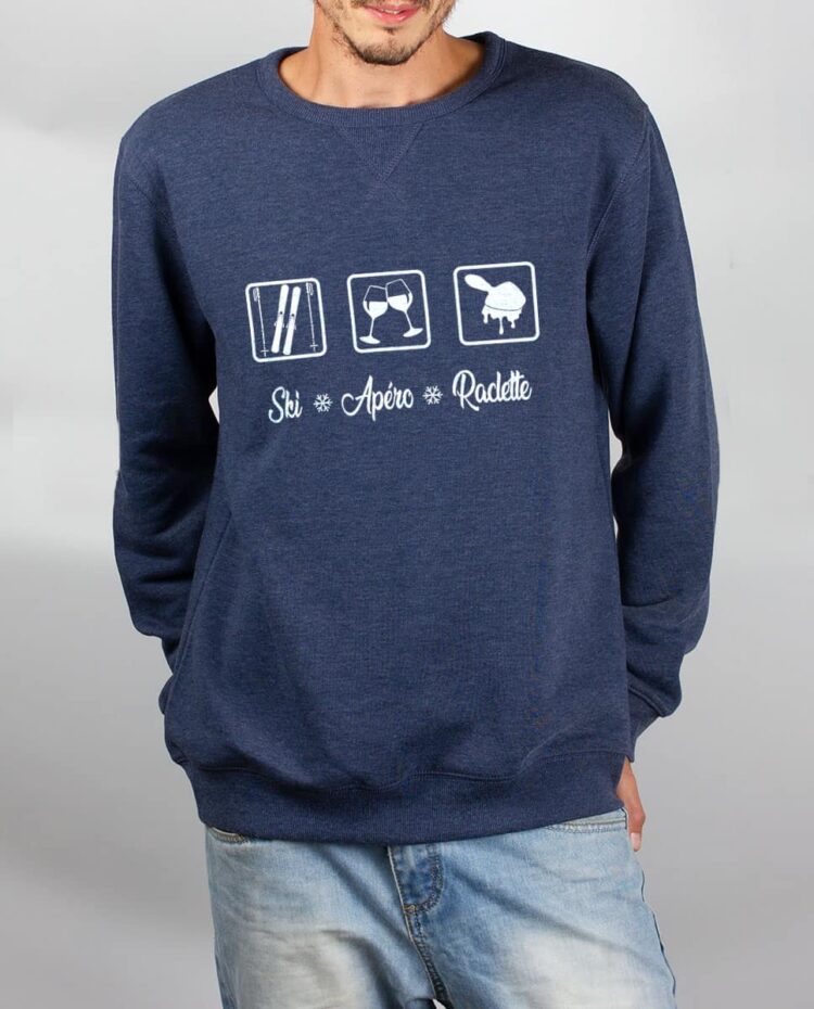 Pull sweat homme bleu Ski apero Raclette