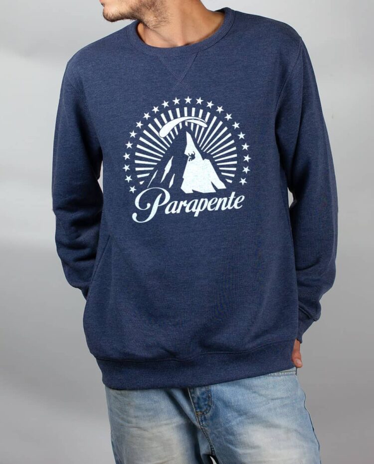 Pull sweat homme bleu montagne parapente paramount