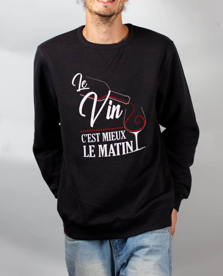 Pull sweat homme noir Le vin c est mieux le matin