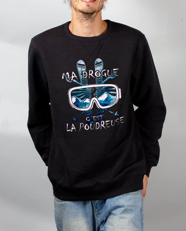 Pull sweat homme noir Ma drogue c est la poudreuse SKI