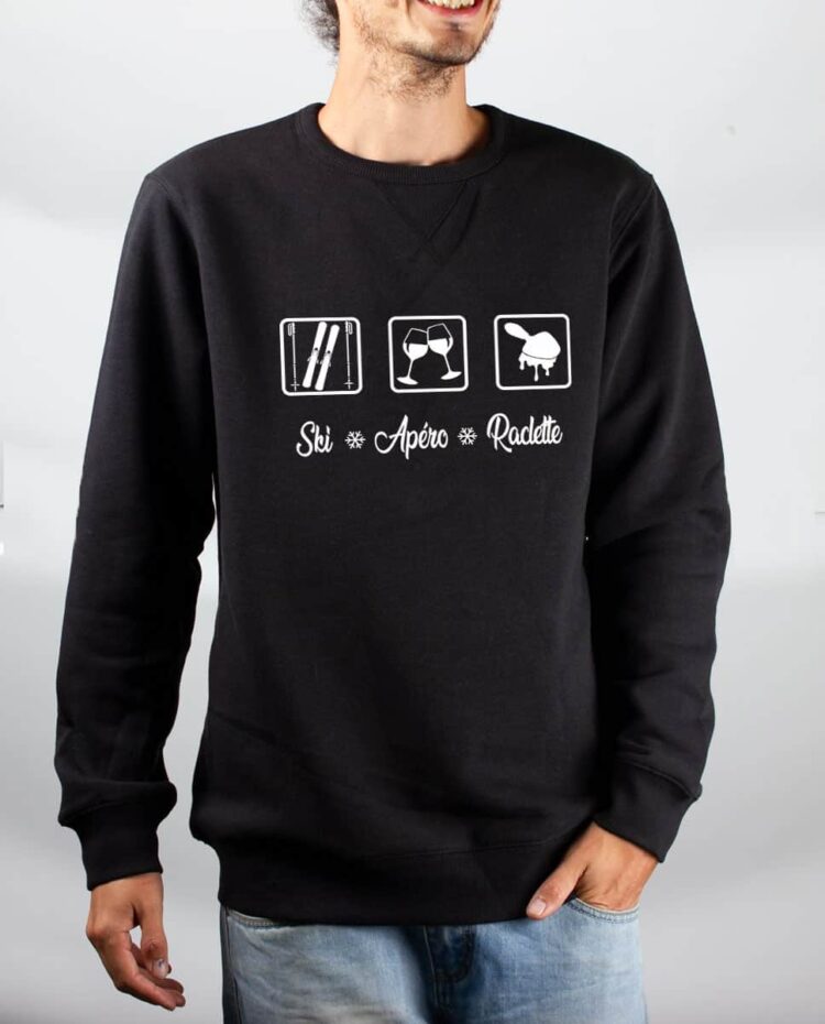 Pull sweat homme noir Ski apero Raclette