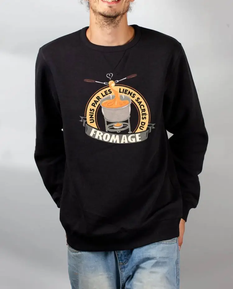 Pull sweat homme noir UNIS PAR LES LIENS SACRES DU FROMAGE
