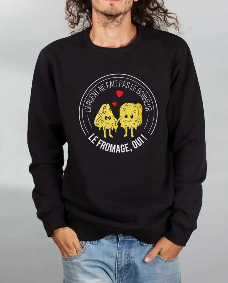 Pull sweat homme noir argent ne fait pas le bonheur le fromage oui