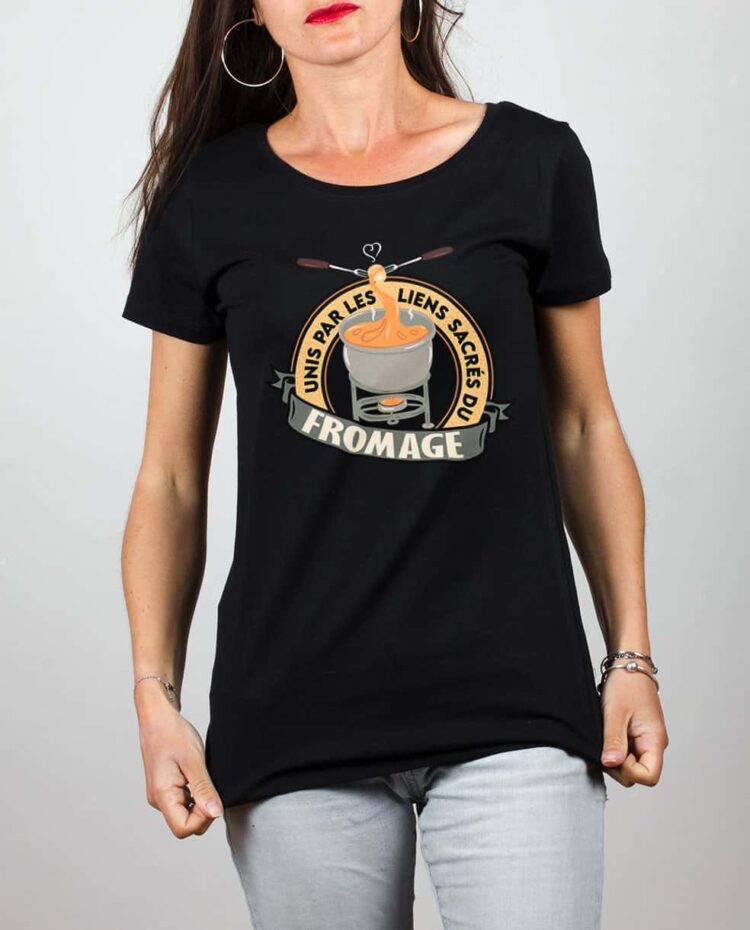 T shirt noir femme UNIS PAR LES LIENS SACRES DU FROMAGE