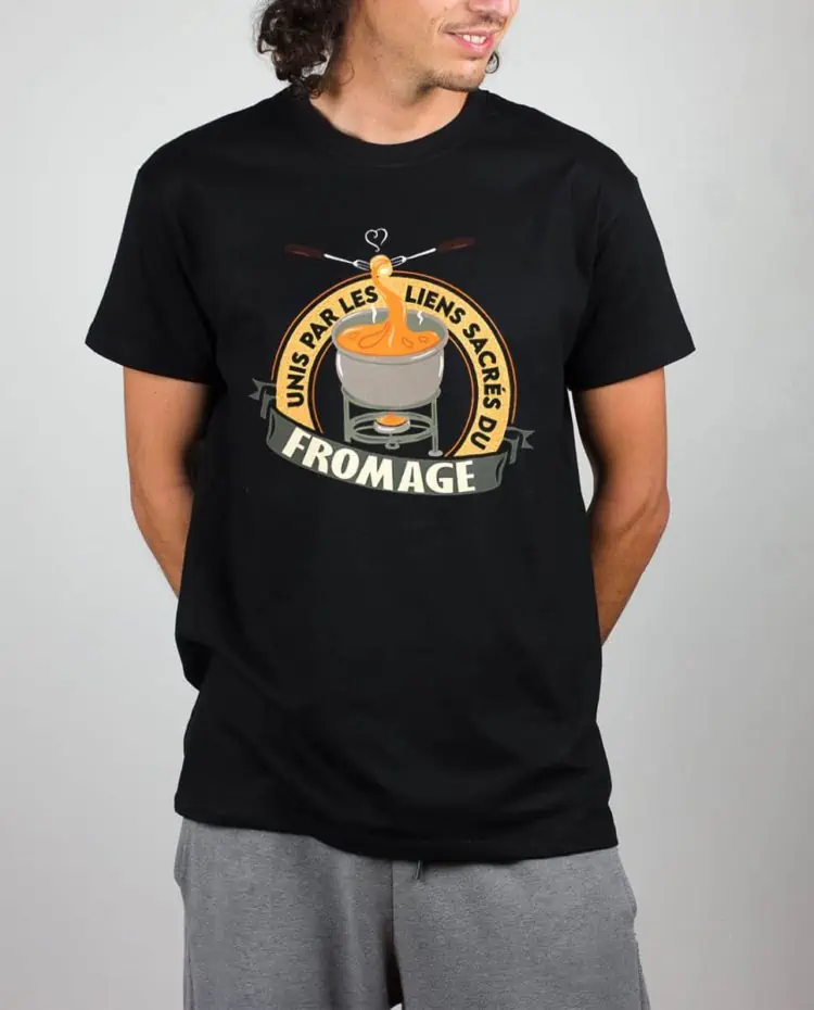 T shirt noir homme UNIS PAR LES LIENS SACRES DU FROMAGE