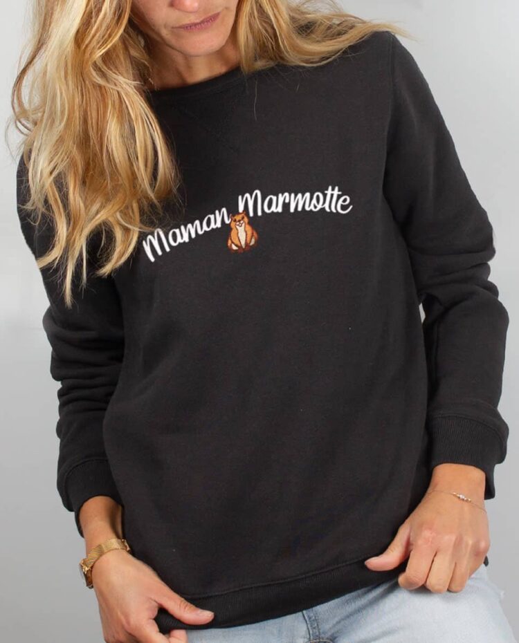 Pull sweat femme noir Maman Marmotte