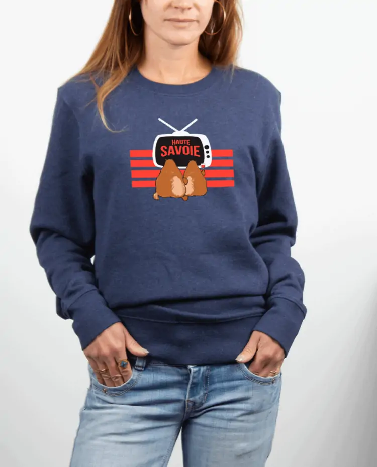 Pull Femme Bleu Jean Marmotte TV Haute savoie