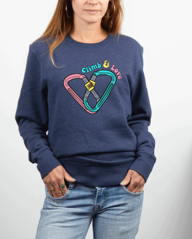 Pull Femme Bleu Jean escalade Climb and love