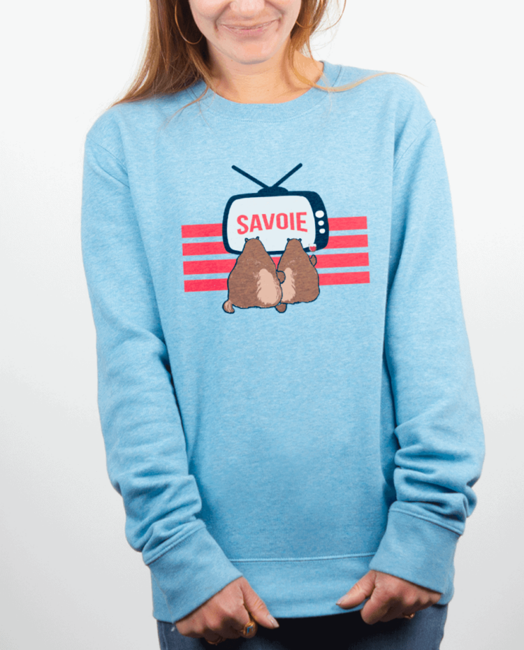 Pull Femme bleu ciel Marmotte TV savoie