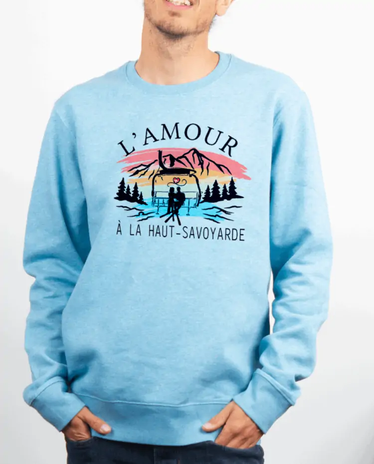 Pull Homme Bleu Ciel Amour a la haut savoyard