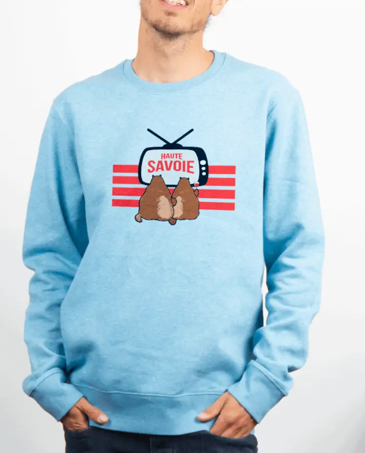 Pull Homme Bleu Ciel Marmotte TV Haute savoie