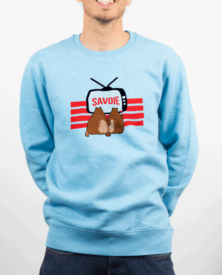 Pull Homme bleu ciel Marmotte TV savoie