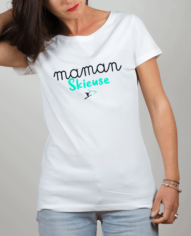 T shirt Femme Blanc Maman Skieuse