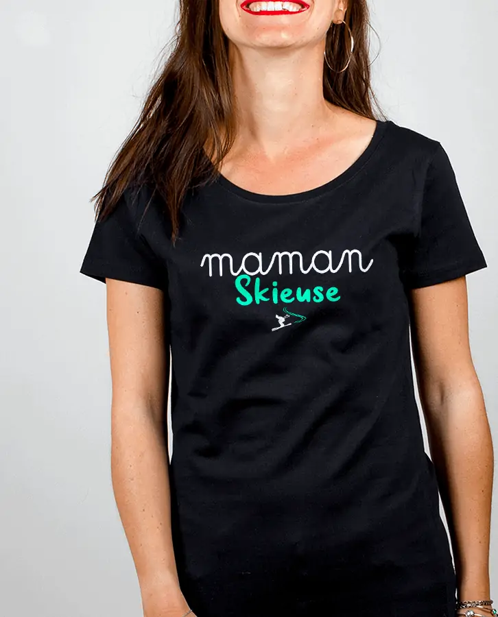 T shirt Femme Noir Maman Skieuse