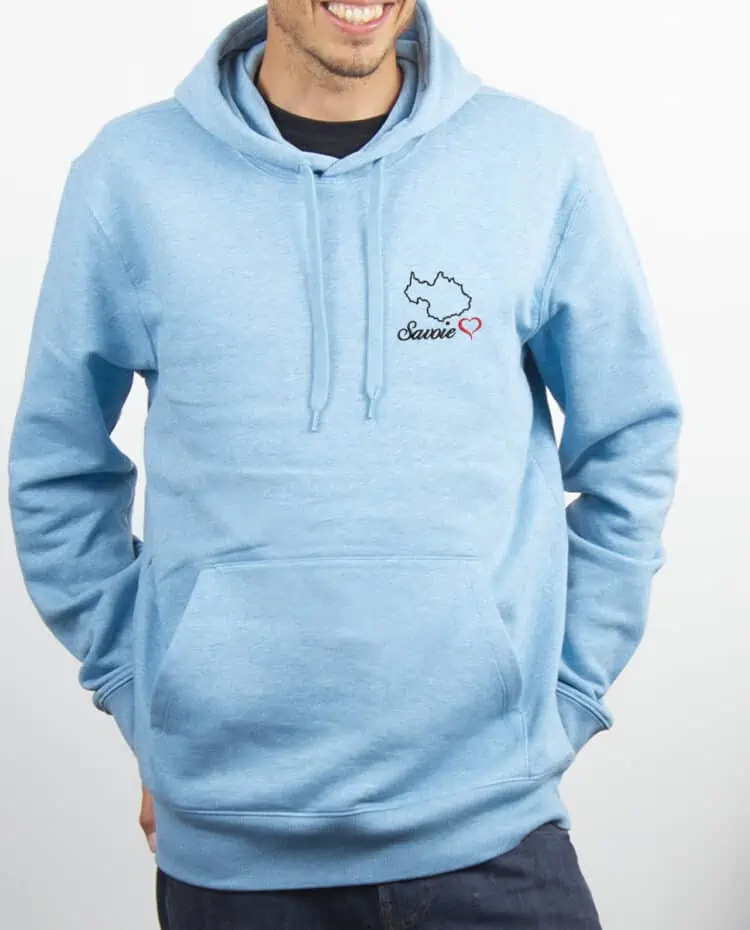 Sweat a capuche Homme Bleu ciel montagne savoie 73 carte brode