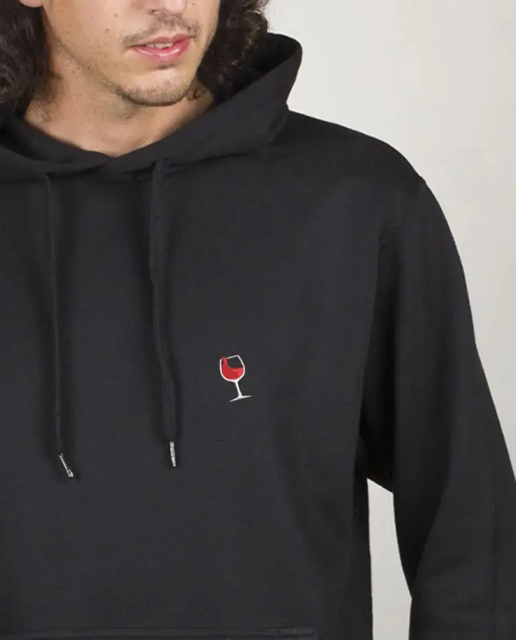 Sweat a capuche Homme Noir zoom verre de vin vigneron brode