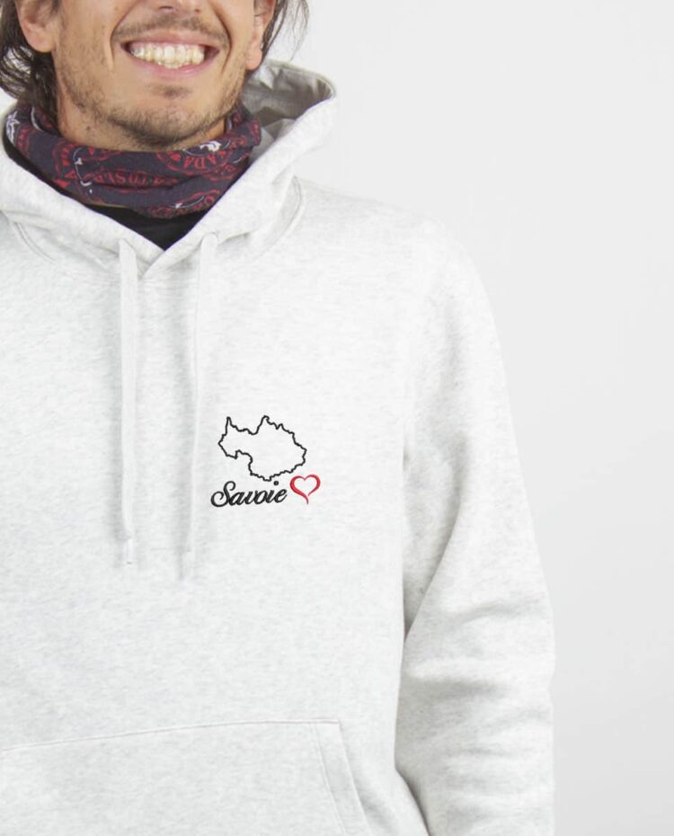 Sweat a capuche Homme blanc zoom montagne savoie 73 carte brode