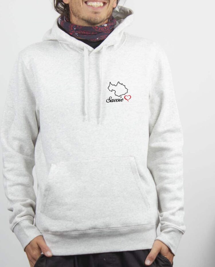 Sweat a capuche Homme blanc montagne savoie 73 carte brode