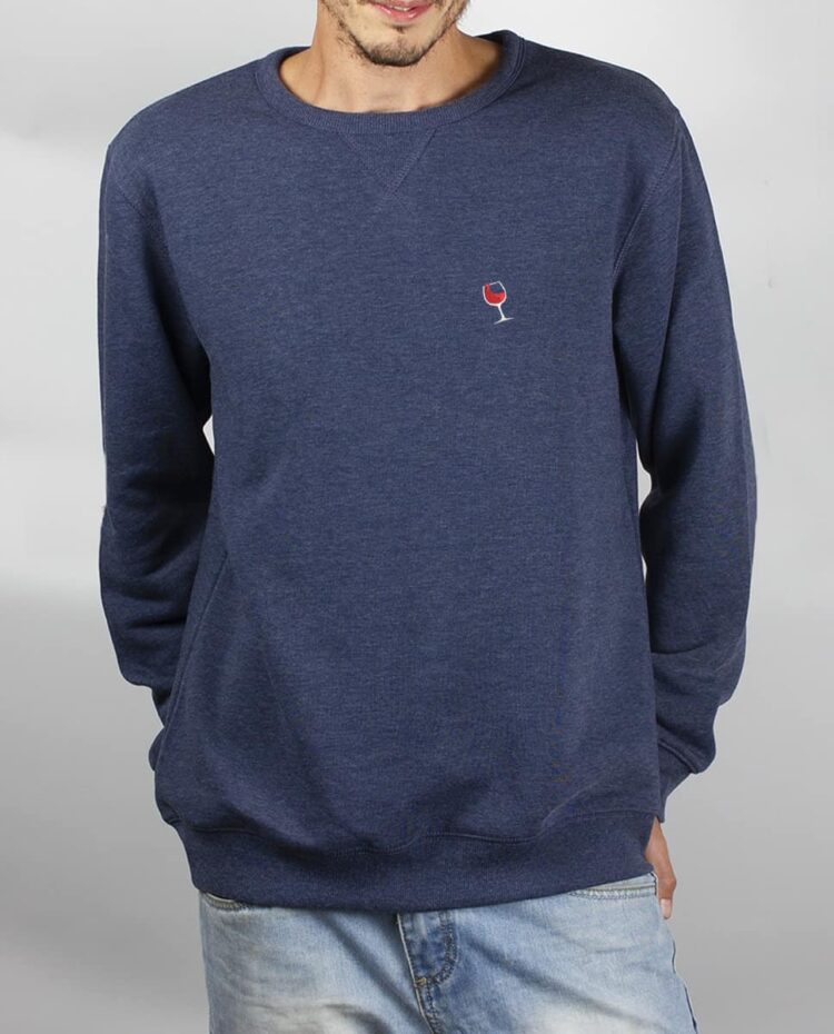 SweatShirt Homme bleu jean verre de vin vigneron brode