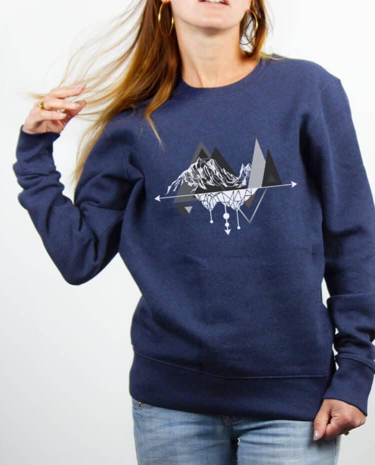 Pull Femme Bleu jean dessin Montagne