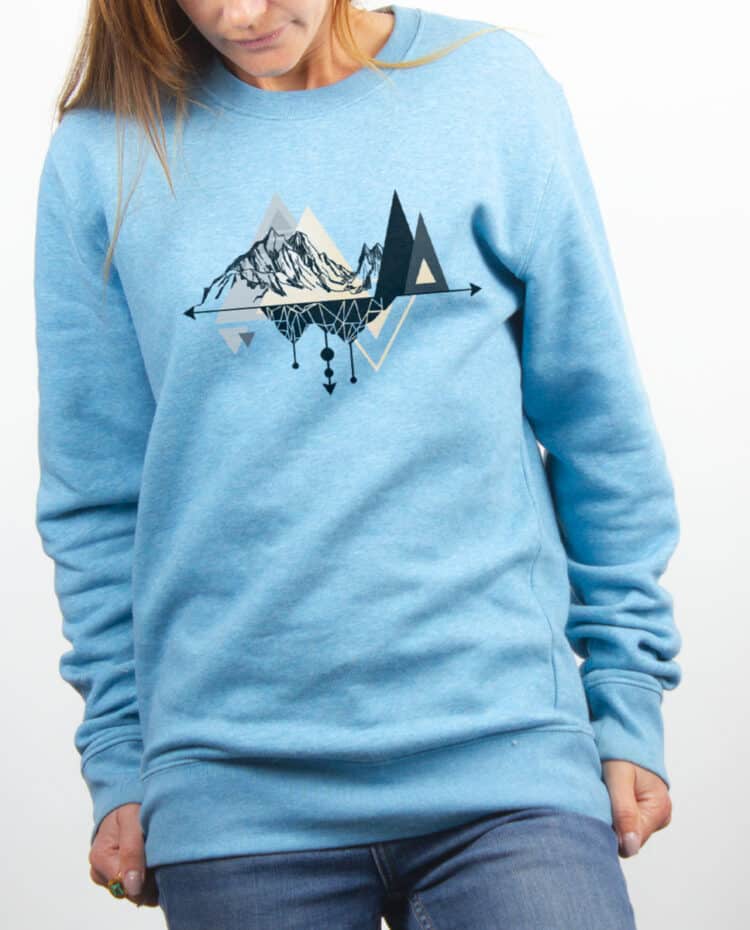 Pull Femme bleu ciel dessin Montagne