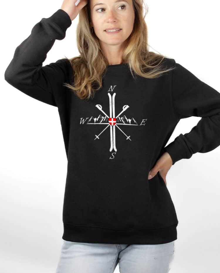 PUFNOI Sweatshirt pull Femme Noir MONTAGNE SKI BOUSSOLE