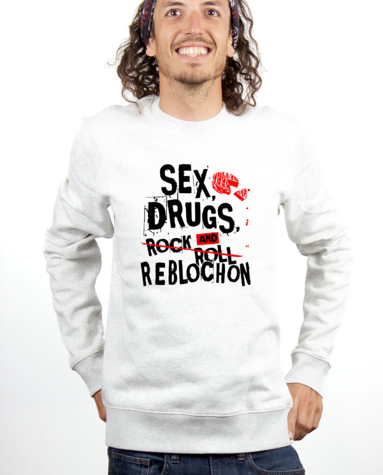 PUHBLA Sweatshirt Pull Homme Blanc SEX DRUGS AND REBLOCHON