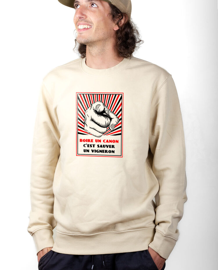 PUHNAT Sweatshirt Pull Homme Naturel BOIRE UN CANON C EST SAUVER UN VIGNERON