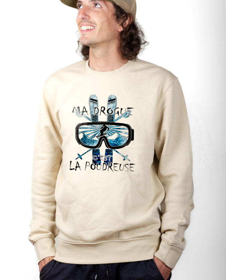 PUHNAT Sweatshirt Pull Homme Naturel MA DROGUE C EST LA POUDREUSE SKI