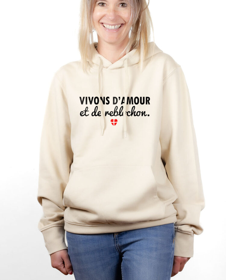 SWFNAT hoodie Sweat capuche Femme naturel VIVONS D AMOUR ET DE REBLOCHON