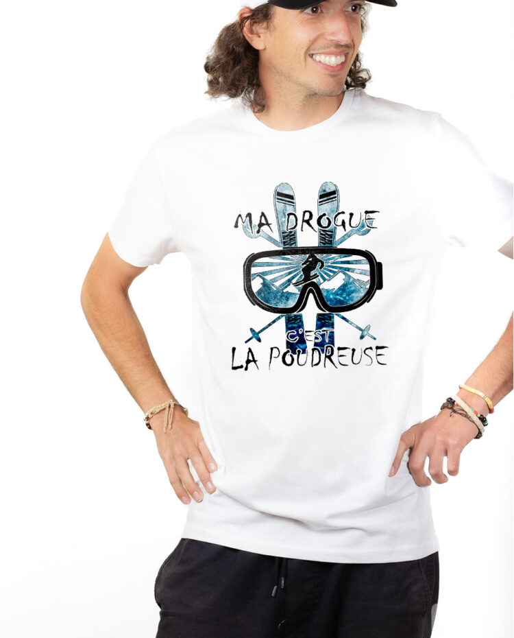 TSHB T shirt Homme Blanc MA DROGUE C EST LA POUDREUSE SKI