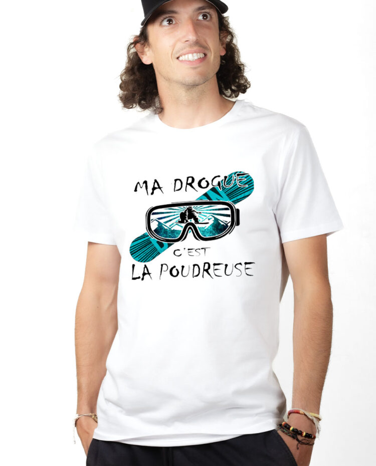 TSHB T shirt Homme Blanc MA DROGUE C EST LA POUDREUSE SNOW