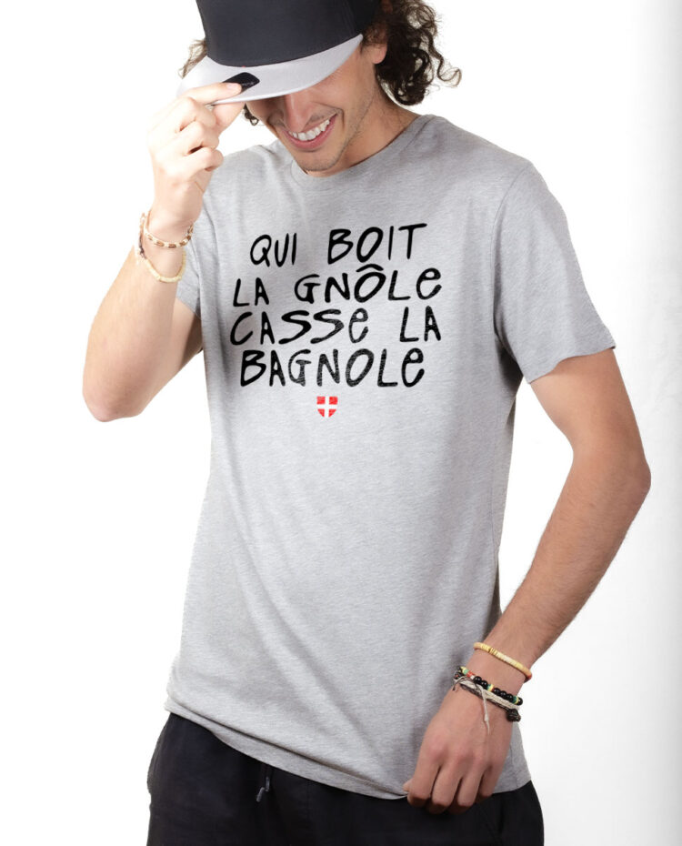 TSHG T shirt Homme Gris QUI BOIT LA GNOLE CASSE LA BAGNOLE