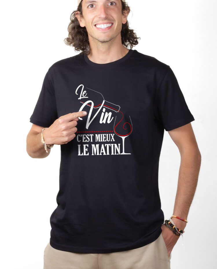 TSHN T shirt Homme Noir LE VIN C EST MIEUX LE MATIN