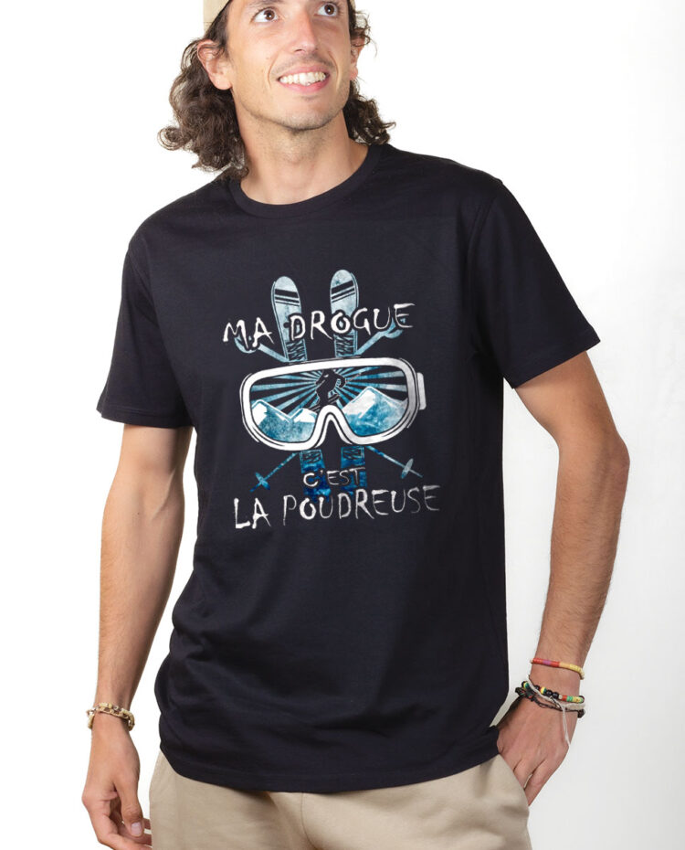 TSHN T shirt Homme Noir MA DROGUE C EST LA POUDREUSE SKI