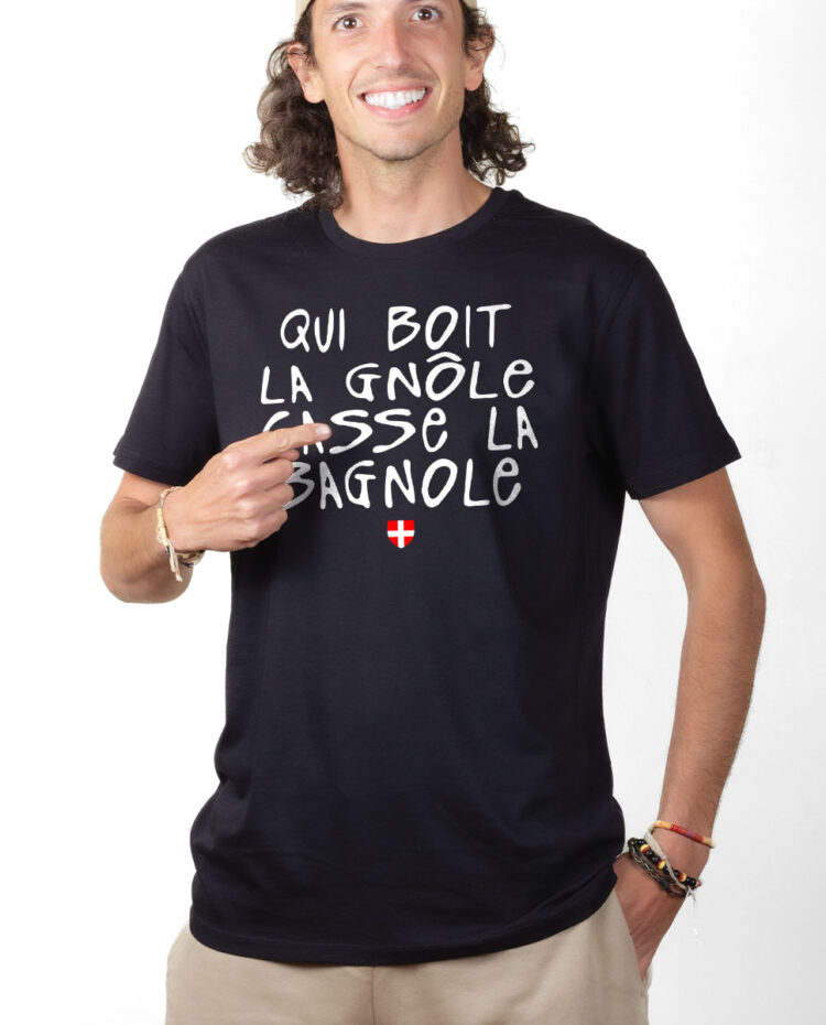 TSHN T shirt Homme Noir QUI BOIT LA GNOLE CASSE LA BAGNOLE