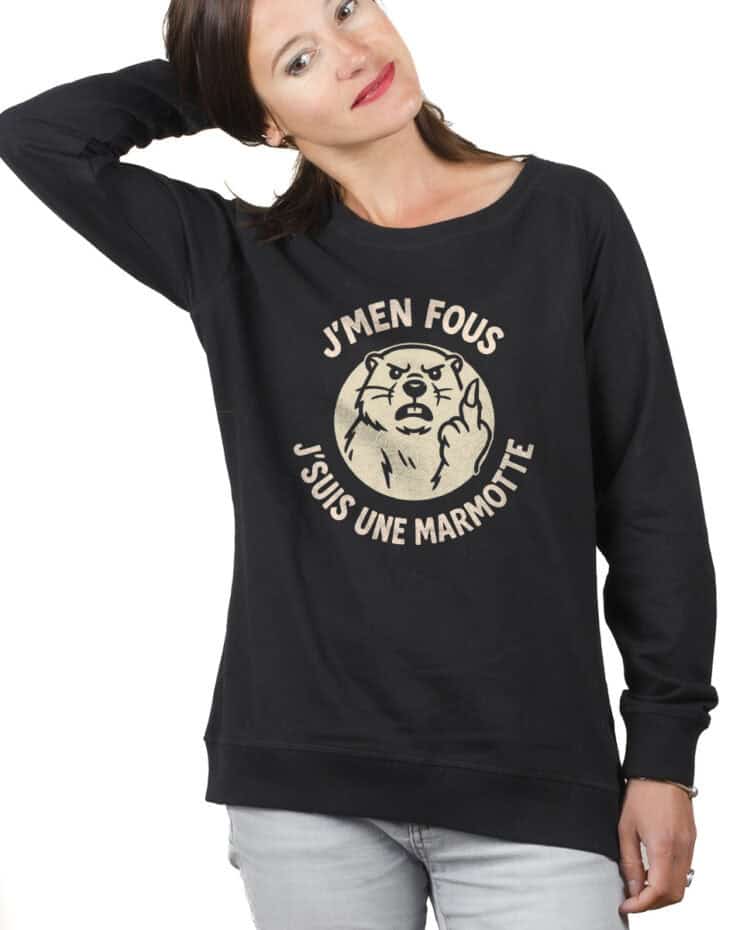 Jmen fous jsuis une marmotte Sweatshirt pull Femme Noir PUFNOI297