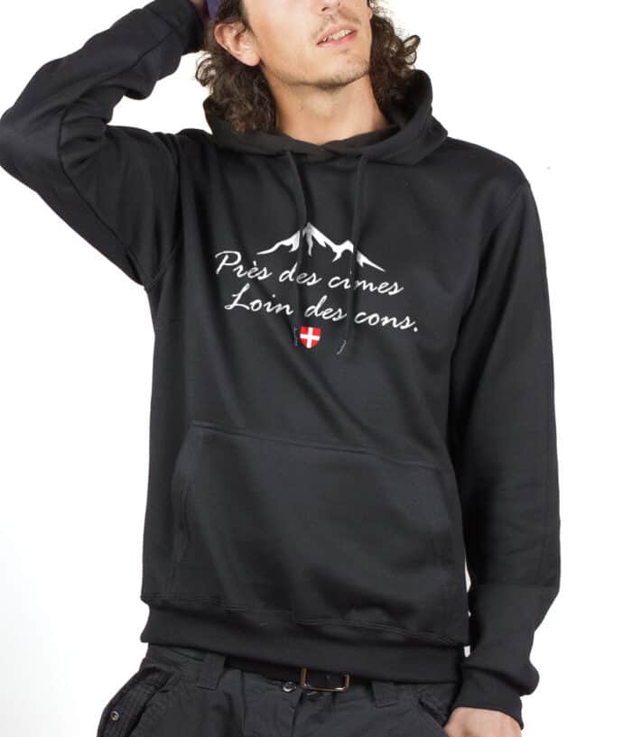 SWHNOI Hoodie Sweat capuche Homme Noir PRES DES CIMES LOIN DES CONS